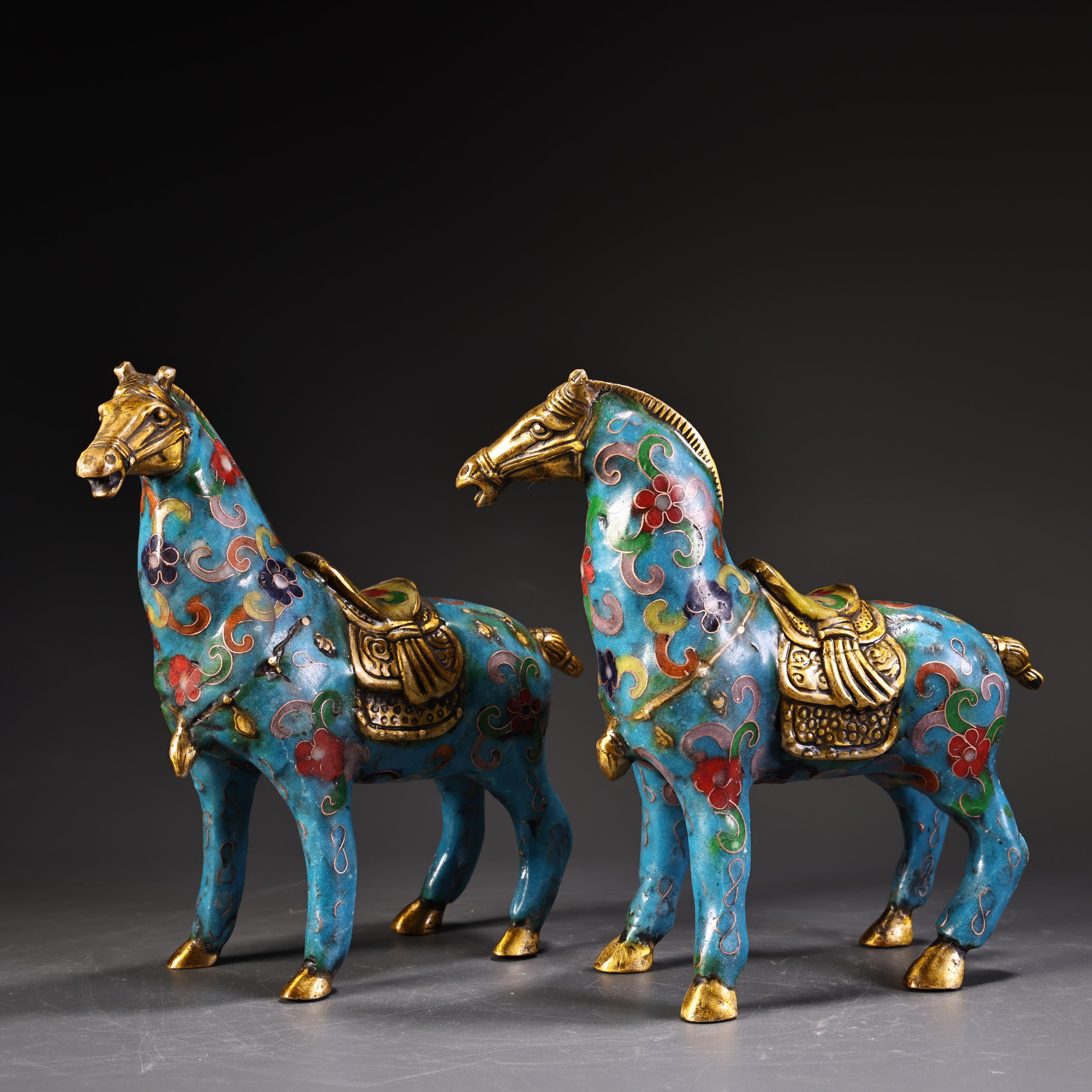 中国のアンティーク純銅七宝焼き高浮き彫り馬像、幸運の馬、成功の像