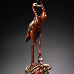 Collect hand carved pure copper red copper gilt high relief double crane statue ornaments,precious and exquisite