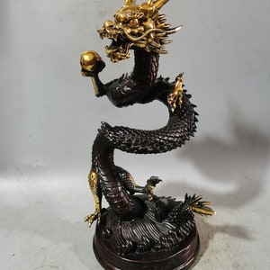 Chinese antique pure hand-carved pure copper gilt stand dragon ornaments,precious and unique,can be collected