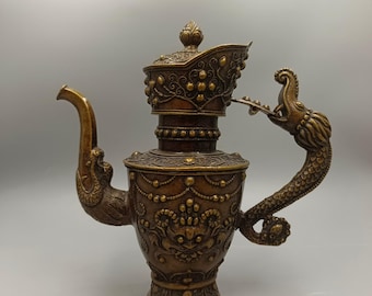 手彫りの銅製ドラゴン柄ワインポット、ティーポット、絶妙な職人技