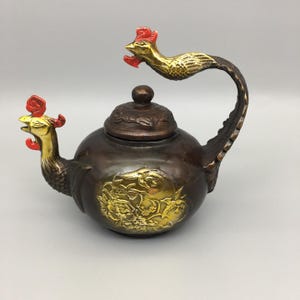 Chinese antique hand carved pure copper gilt phoenix statue exquisite pattern teapot ornaments,precious,worth collecting and used