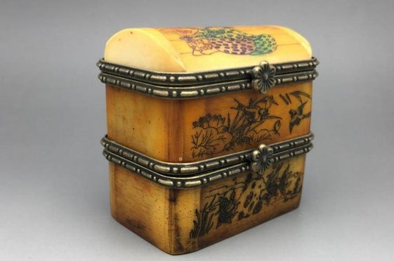 古代中国のアンティークの天然骨箱、純粋な手作り、絶妙な貴重な絵