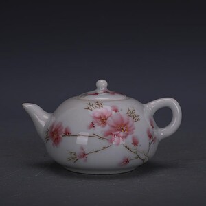 Puede incluir: Una tetera de porcelana blanca con un diseño floral. La tetera tiene un cuerpo redondo con un pequeño pico y una asa. El diseño floral presenta flores rosas y ramas marrones.