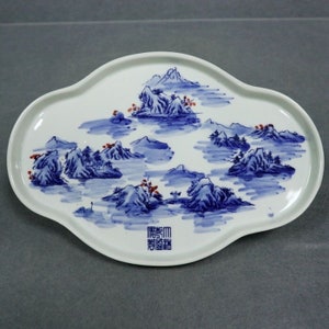 Verzamel blauw en wit porselein met de hand beschilderd landschapspatroon porseleinen theebladplaat, woondecoratie