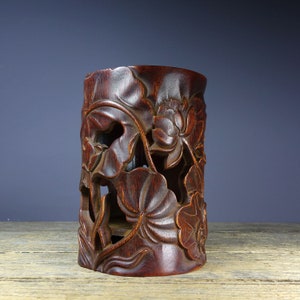 Chinese antique hand carved rare Bamboo carving lotus hollowed out pen holder ornament,beautiful in shape,worthy of collection