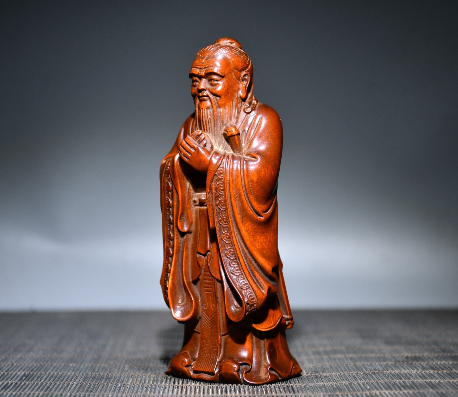 Chinese Ancient Hand Carving Boxwood Confucius Statue Ornament