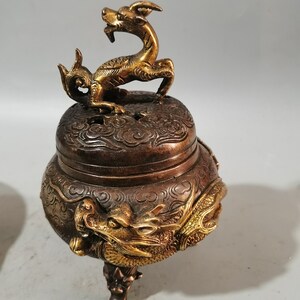 Chinesische antike reine Hand geschnitzt reinem Kupfervergoldung Relief Drachen Statue Weihrauch Brenner Ornament, Glas, exquisit und einzigartig