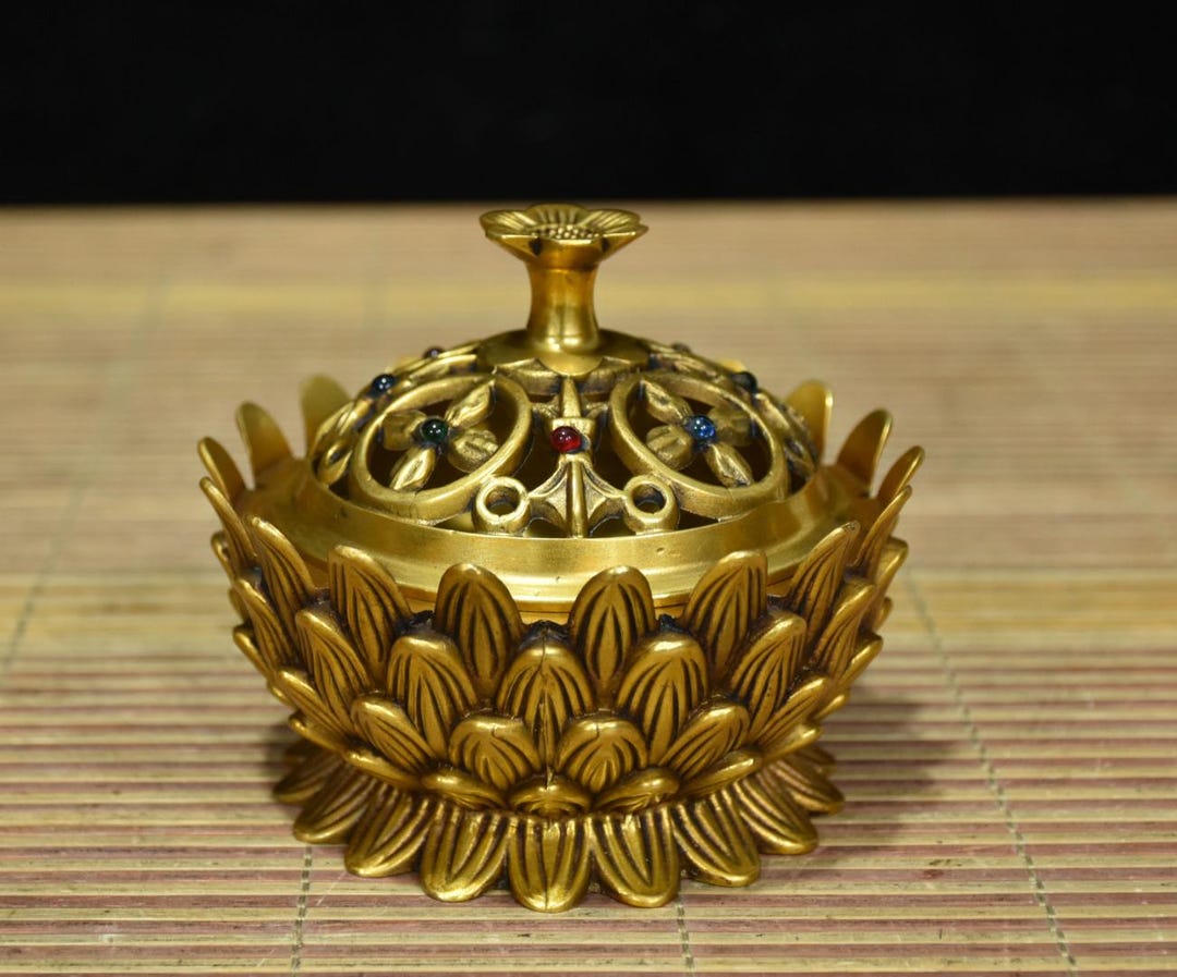 Chinese Antique Hand Carved Pure Copper Gilt Inlaid Gems Lotus Incense ...