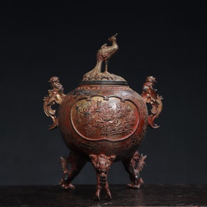 Chinesische antike reine Kupfer handgeschnitzte Phoenix Muster Statue Weihrauch Brenner Ornamente exquisite Muster im Wert von sammeln