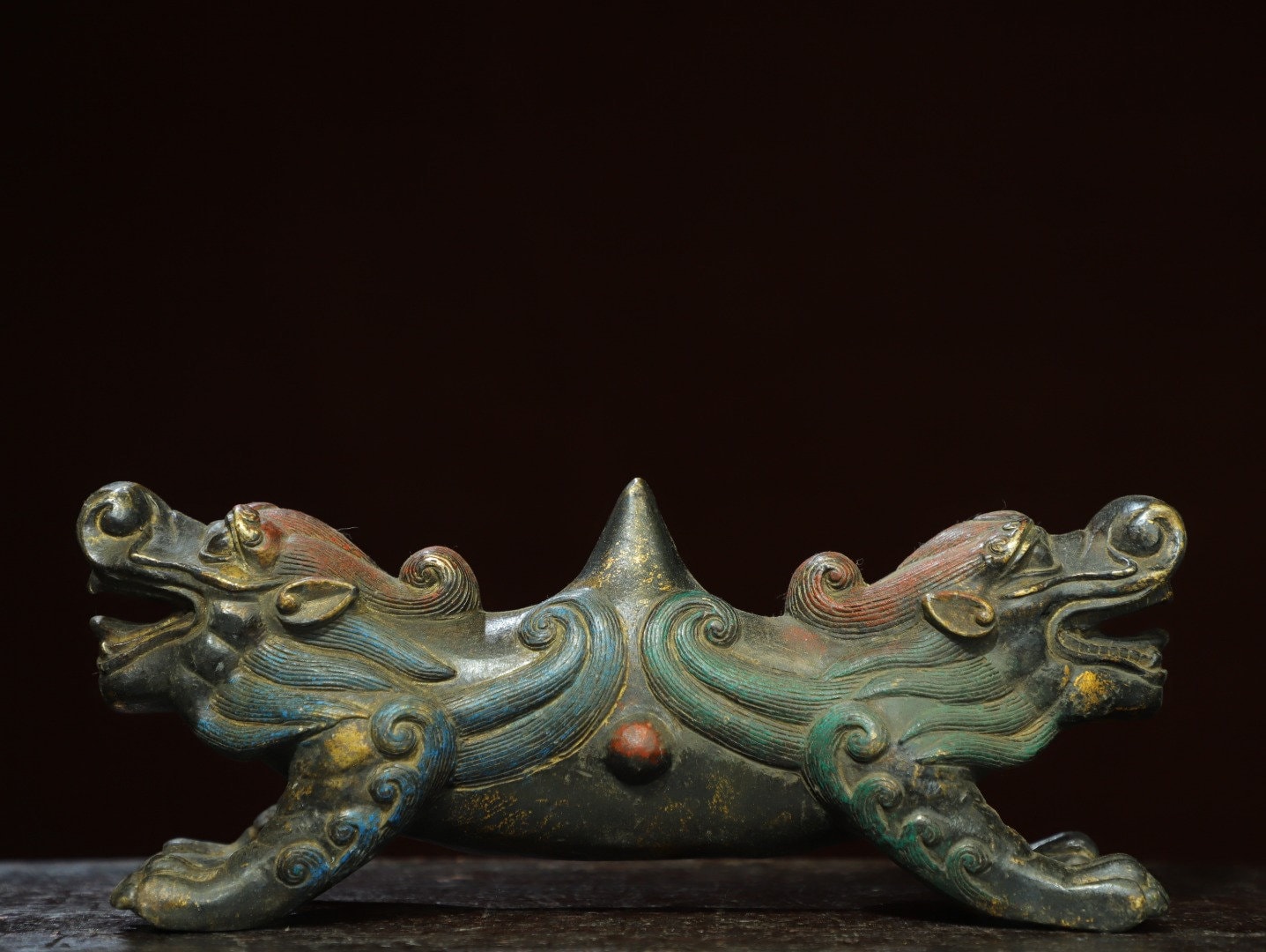 中国アンティーク　龍の彫刻 中国のアンティークブロンズ彫刻双頭吉兆獣像飾り、デスクトップの装飾