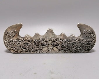 Chinese antique white copper dragon pattern pen holde hand carved pen rack home decoration is worth collecting