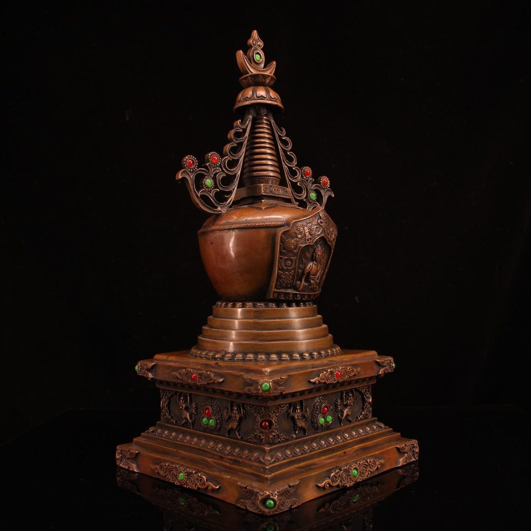 Chinese Antique Handmade Carved Pure Copper Red Copper Inlaid Gems High ...