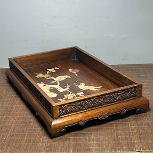 Chinese pure hand-carved rosewood inlaid flower and bird pattern tea tray,tea set base,storage tray decoration,exquisite and precious