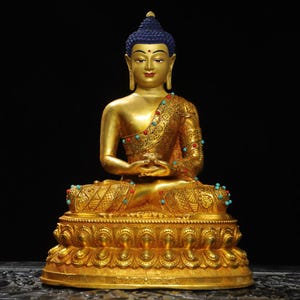 Chinese antique hand carved pure copper gilt inlaid gems exquisite Sakyamuni buddha statue ornament,precious and unique