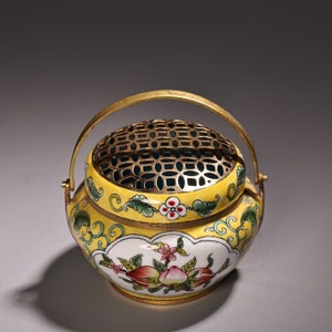 Quemador de incienso portátil con patrón de flores pintado a mano de cloisonné de cobre puro y exquisito antiguo chino, adorno precioso y único