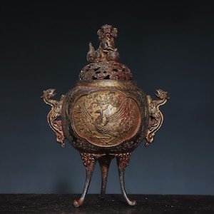 Chinesische antike reine Kupfer handgeschnitzte Phoenix Muster Statue Weihrauch Brenner Ornamente exquisite Muster im Wert von sammeln