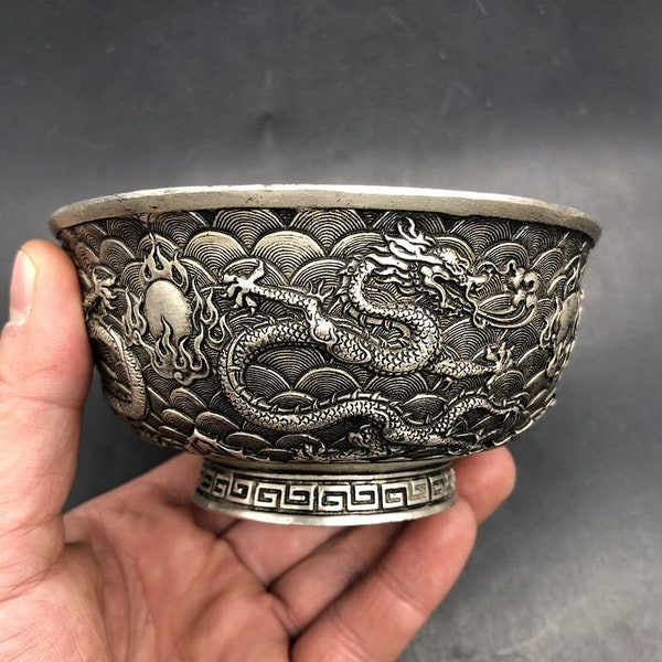 Chinese antique pure hand-carved exquisite white copper dragon bowl,rare and precious,can be collected