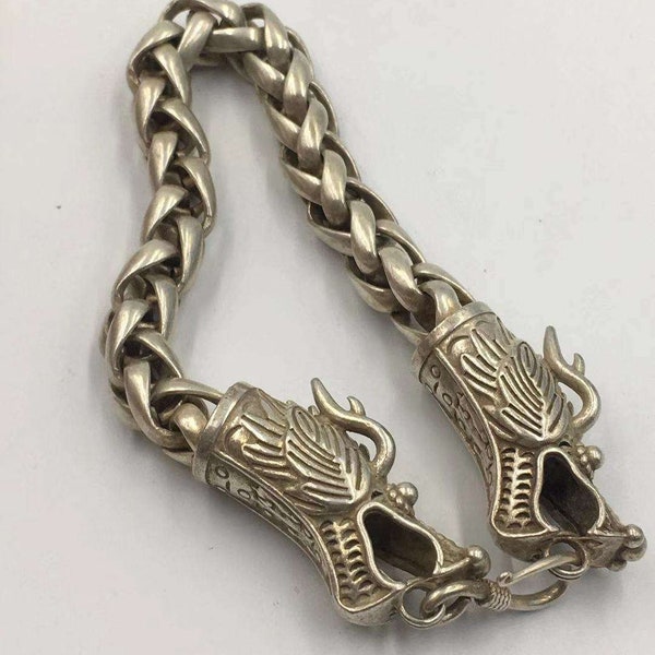 Exquisite chinese rare collectible Tibet Silver hand-carved dragon pattern Bracelet,exquisite shape