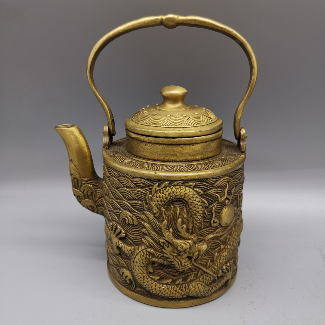 Chinese Antique Pure Copper Dragon Teapot Wine Pot,pure Hand Carved
