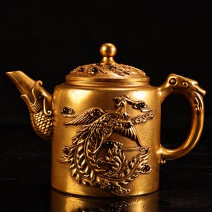 Chinese antique hand carved pure copper gilt inlaid gems high relief dragon and phoenix teapot ornament,precious and exquisite