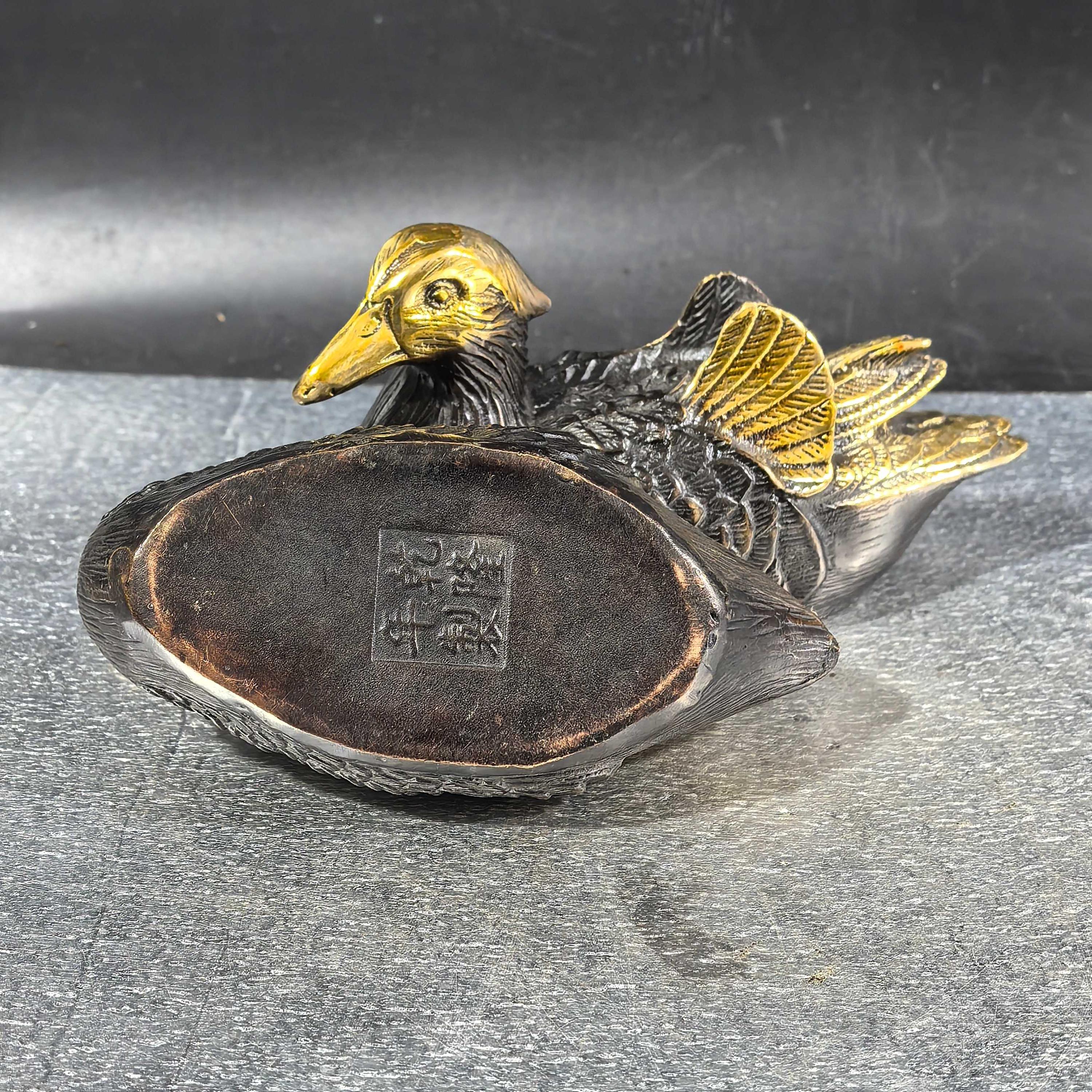 Chinese Handmade Carved Pure Copper Gilded Mandarin Duck Statue