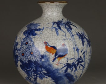 Sammeln Sie blaue und weiße Porzellanvasen, handbemalte Blumen und Vögel Muster, Keramikvasen, Heimtextilien