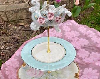 Baby Shower Vintage, Tea Shower, Pink Rose China, Garden Party Tea Stand, Pink and Blue, Shabby Chic, Tiered Tray, Three Tier, Gardener Gift