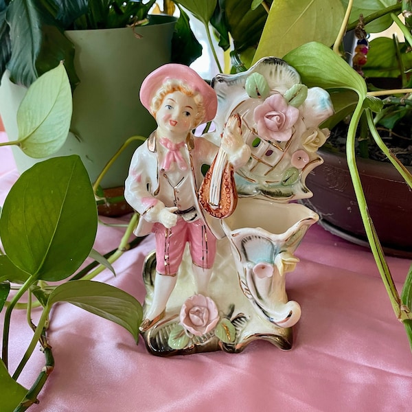 Antique Porcelain Vase for Victorian Style Vintage Tea Party Table Decor. Pink and Green, Trimmed with Gold, Ucagco Ceramics Japan Figurine