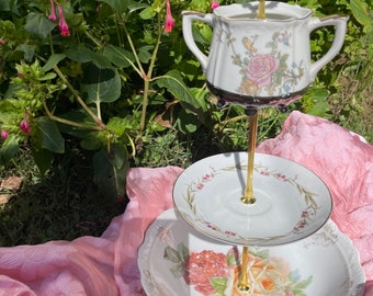 Garden Party Perfection, Tiered Tray, Tier Stand, Shabby Chic, Brunch, Cupcake Tower, 3 Tier Server, Pink and Yellow, Roses, Sugar Bowl