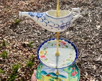 Afternoon Tea Server made with cobalt blue mix and match Japanese china. Handpainted Nippon, teapot top, three tiered tray. Macaroon plates