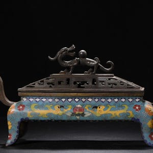 Chinese antique pure handmade exquisite rare pure copper cloisonne double eared rectangular dragon statue incense burner ornament