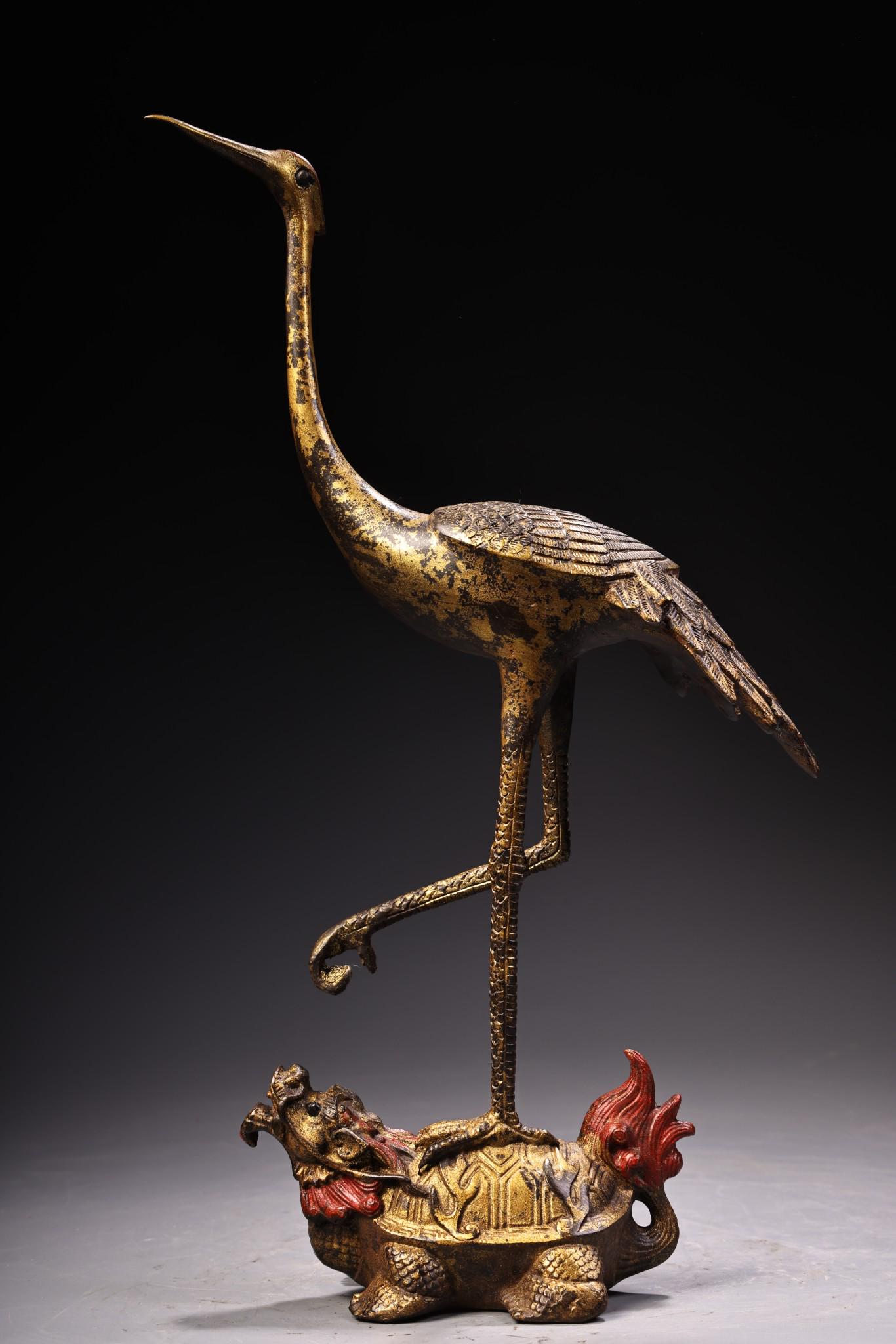 Chinese Handmade Exquisitely Carved Rare Bronze Turtle and Crane