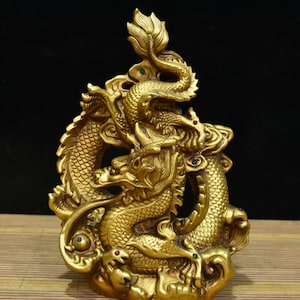 Chinese antique collection exquisite and rare pure copper inlaid gemstone dragon statue ornament,unique shape