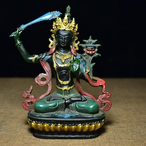 Collect hand carved glass painted Manjusri Bodhisattva buddha statue ornaments