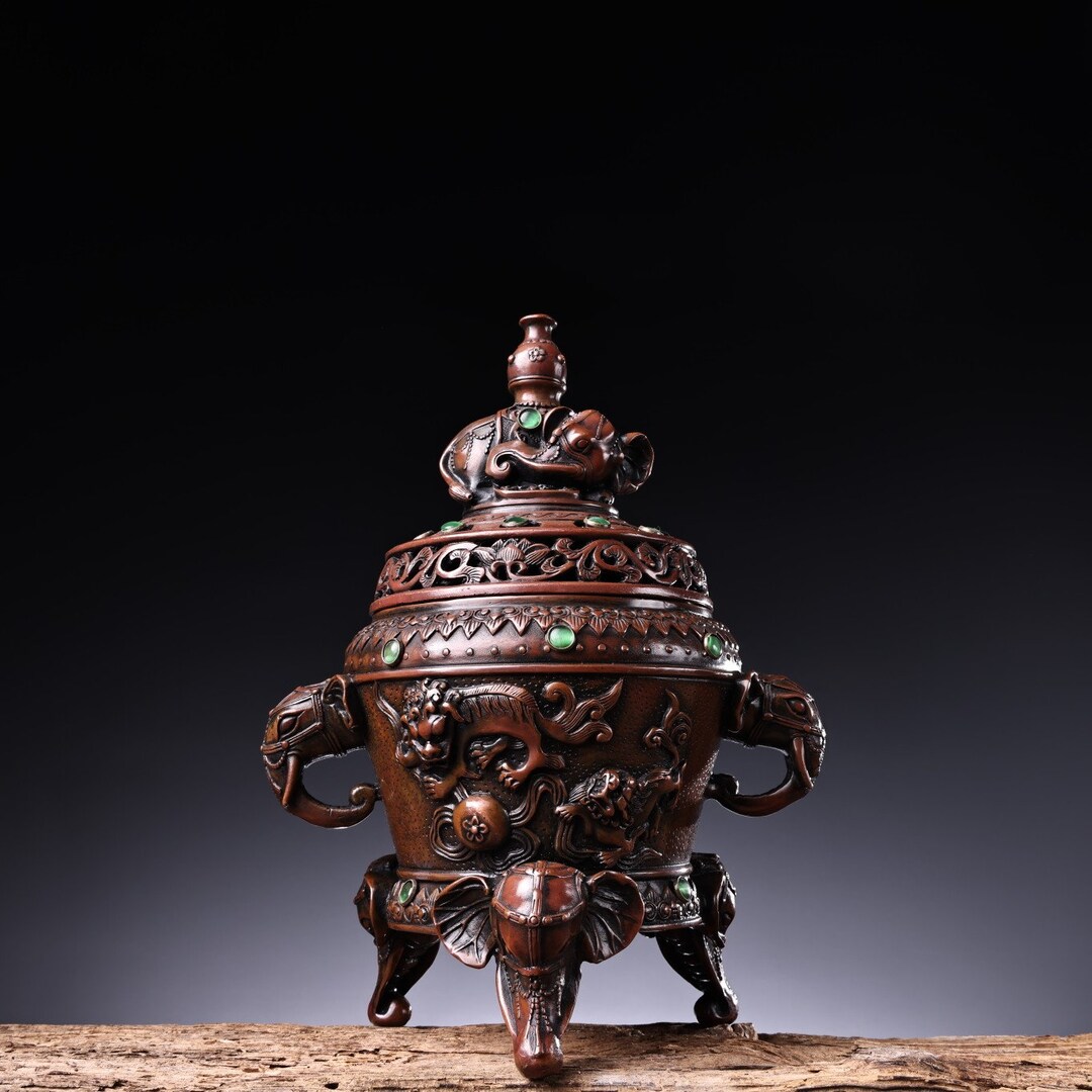Chinese Antique Pure Copper Red Copper Inlaid Gems Hand Carved Hollow ...