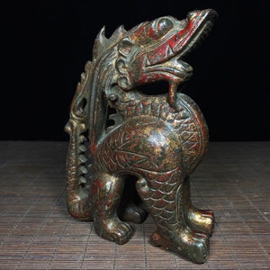 Antiguo chino hecho a mano cobre puro exquisitos y únicos adornos de estatua de dragón, hermosa forma
