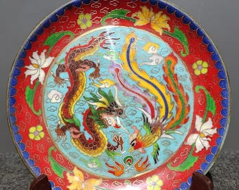 時代物 七宝皿 七宝焼 龍 縁起物 絵皿 置物 龍と鳳凰が描かれた中国の七宝焼き皿 - Etsy 日本