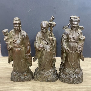 Chinees antiek met de hand gesneden prachtig zeldzaam puur koperen Fu Lu Shou-standbeeldornament, prachtig en uniek!