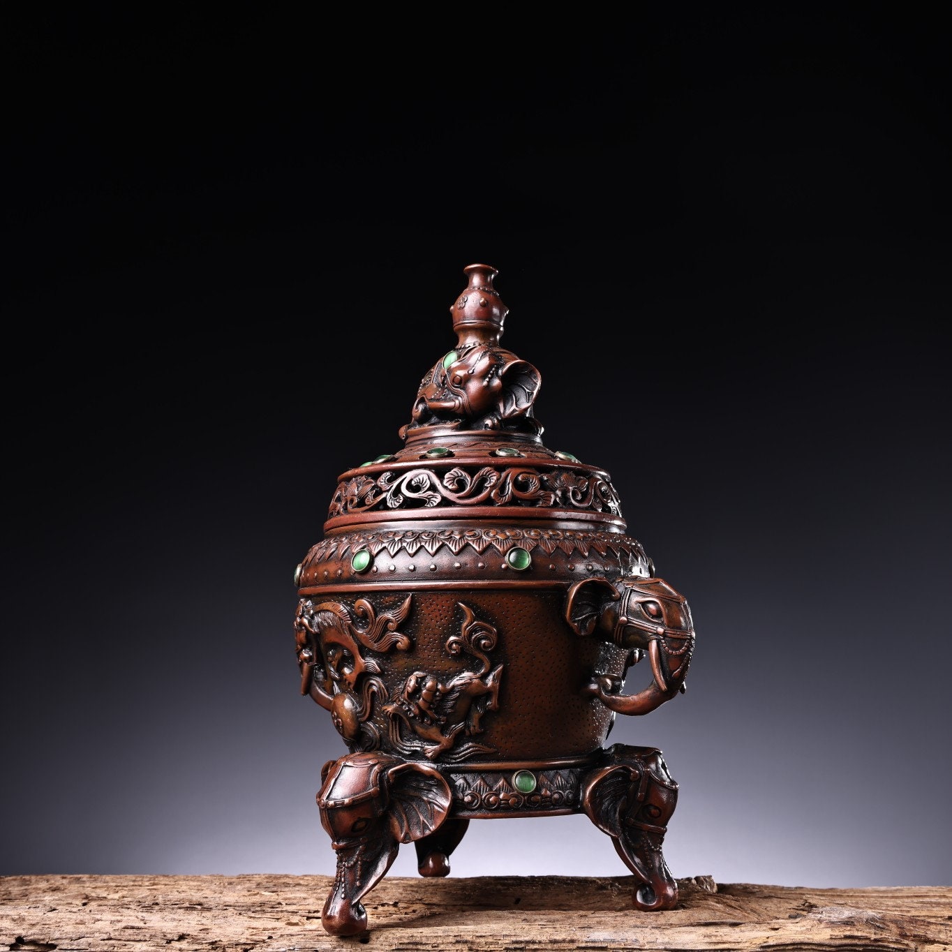 Chinese Antique Pure Copper Red Copper Inlaid Gems Hand Carved Hollow ...