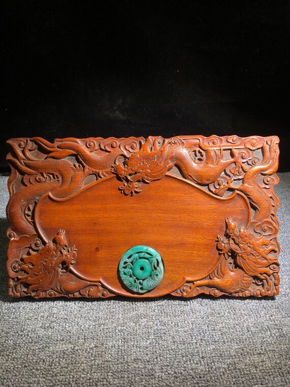 Collect Hand Carved Natural Rosewood Dragon Pattern Inlaid