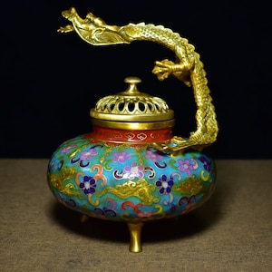 Chinese antique pure handmade exquisite rare pure copper cloisonne dragon statue incense burner ornament