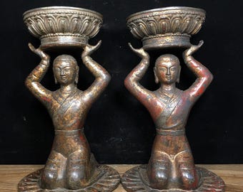 Chinese hand carved exquisite and unique copper maid oil lamp ornament a pair,precious,can be collected