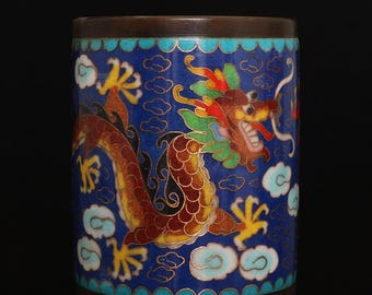 Chinese handmade exquisite and rare pure copper cloisonne dragon pattern pen holder ornament,fine workmanship