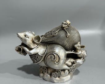 中国のアンティークの手彫りの純銅ブロンズ精巧なネズミの香炉像装飾