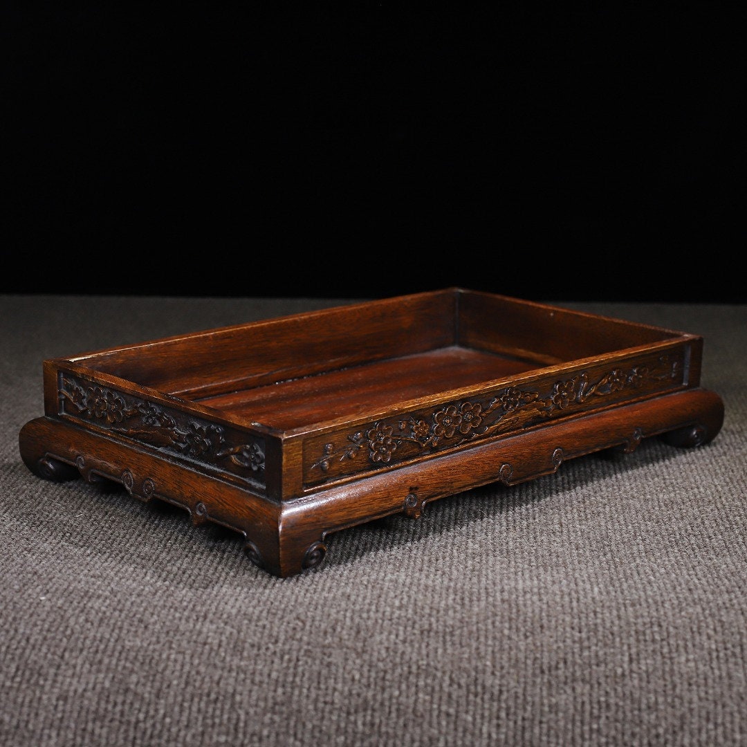 Chinese antique hand carved natural rosewood base plum blossom pattern tea tray,tea plates decoration,exquisite and unique