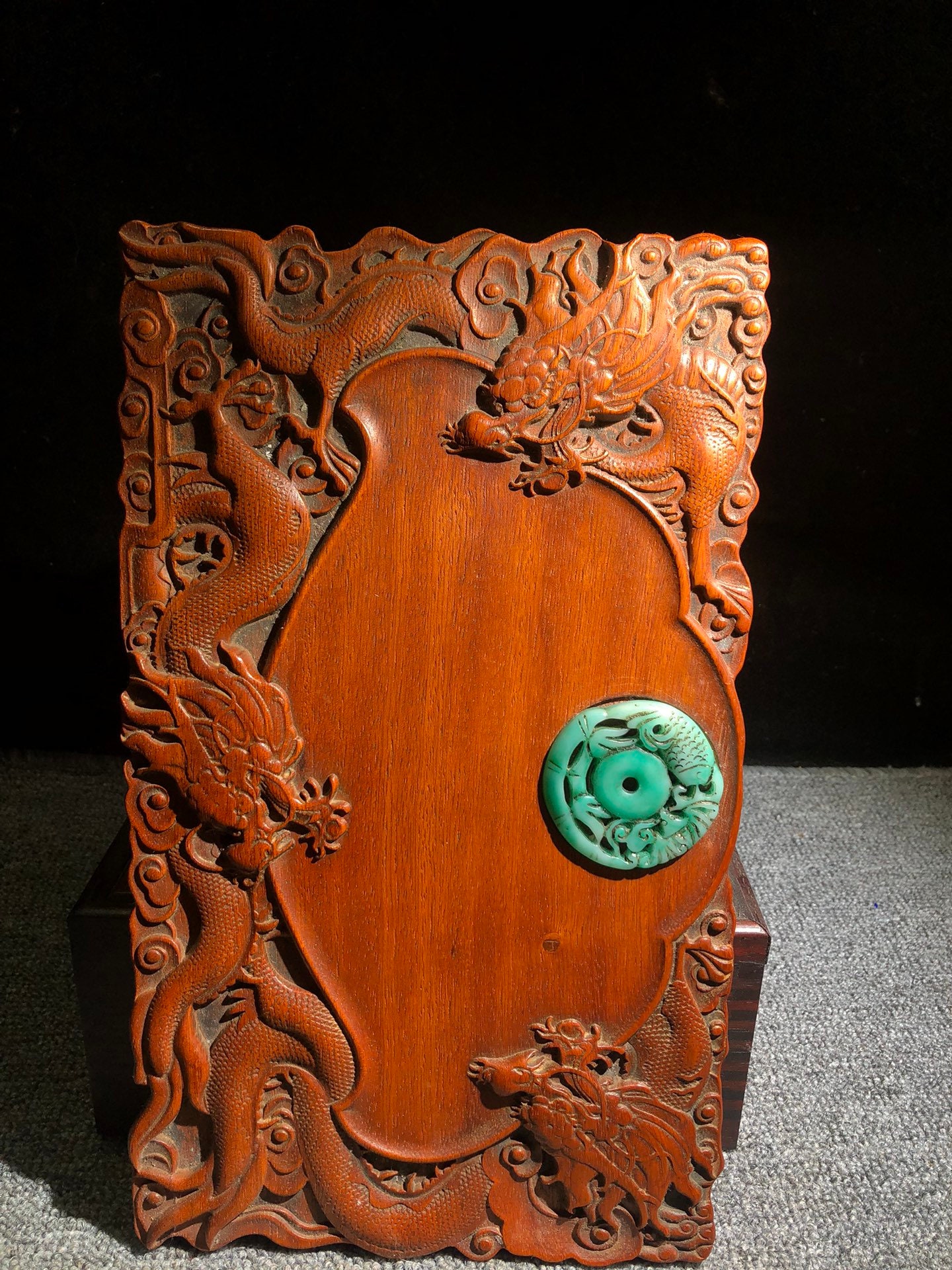 茶道具　ヴィンテージ　手彫り　アジアンティーセット　ドラゴン　石彫　装飾 Collect Hand Carved Natural Rosewood Dragon Pattern Inlaid