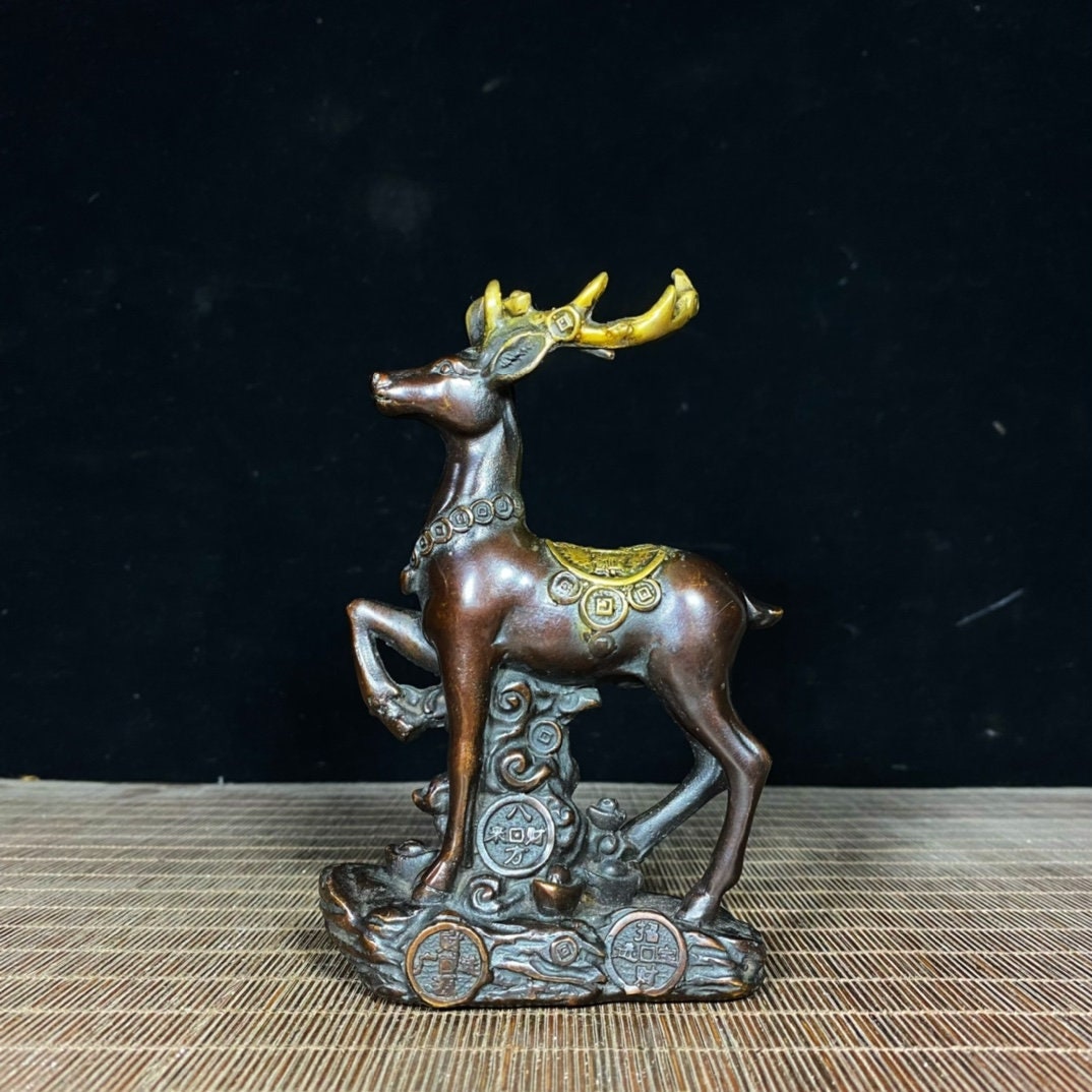 Chinese Antique Pure Copper Gilt Hand Carved Sika Deer