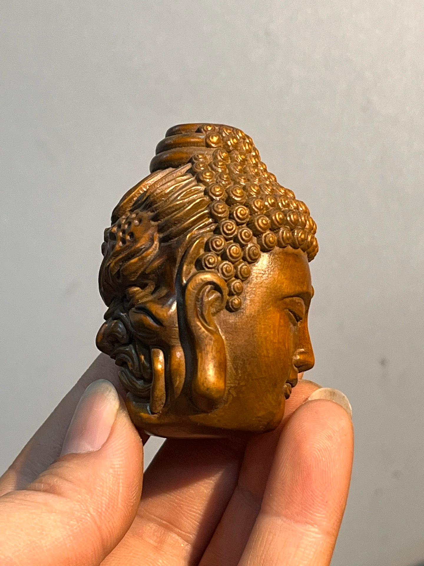Chinese Hand Carved Natural Boxwood Double-sided Buddha Head