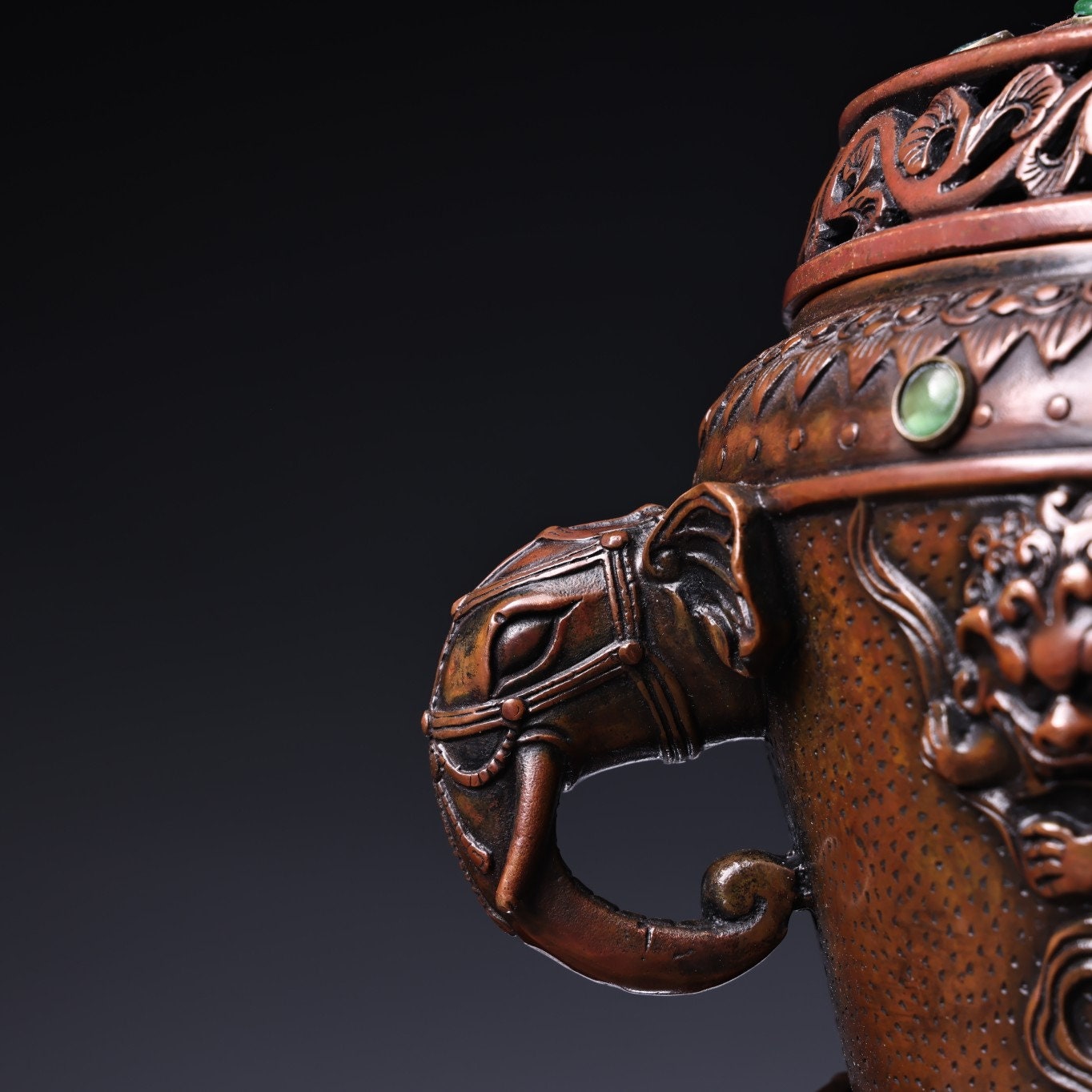 Chinese Antique Pure Copper Red Copper Inlaid Gems Hand Carved Hollow ...
