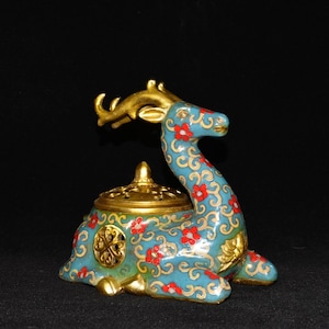 Chinese antique hand carved exquisite and rare pure copper cloisonn é filigree Sika deer statue incense burner ornament